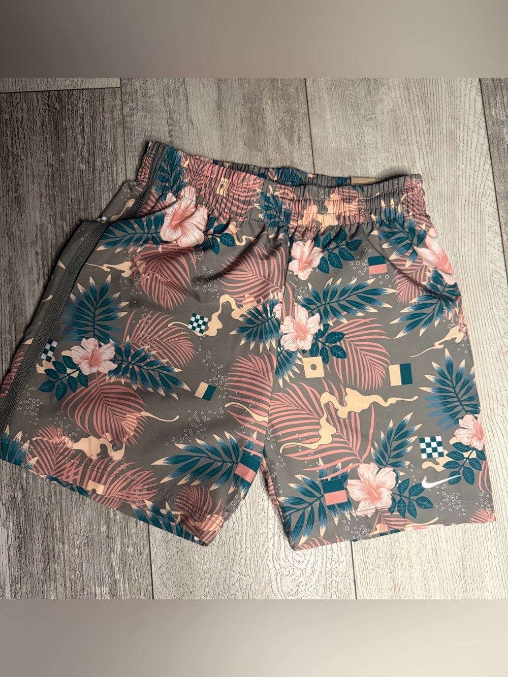 Kids Floral Tropical Swim Shorts - Brown with Coral & Teal